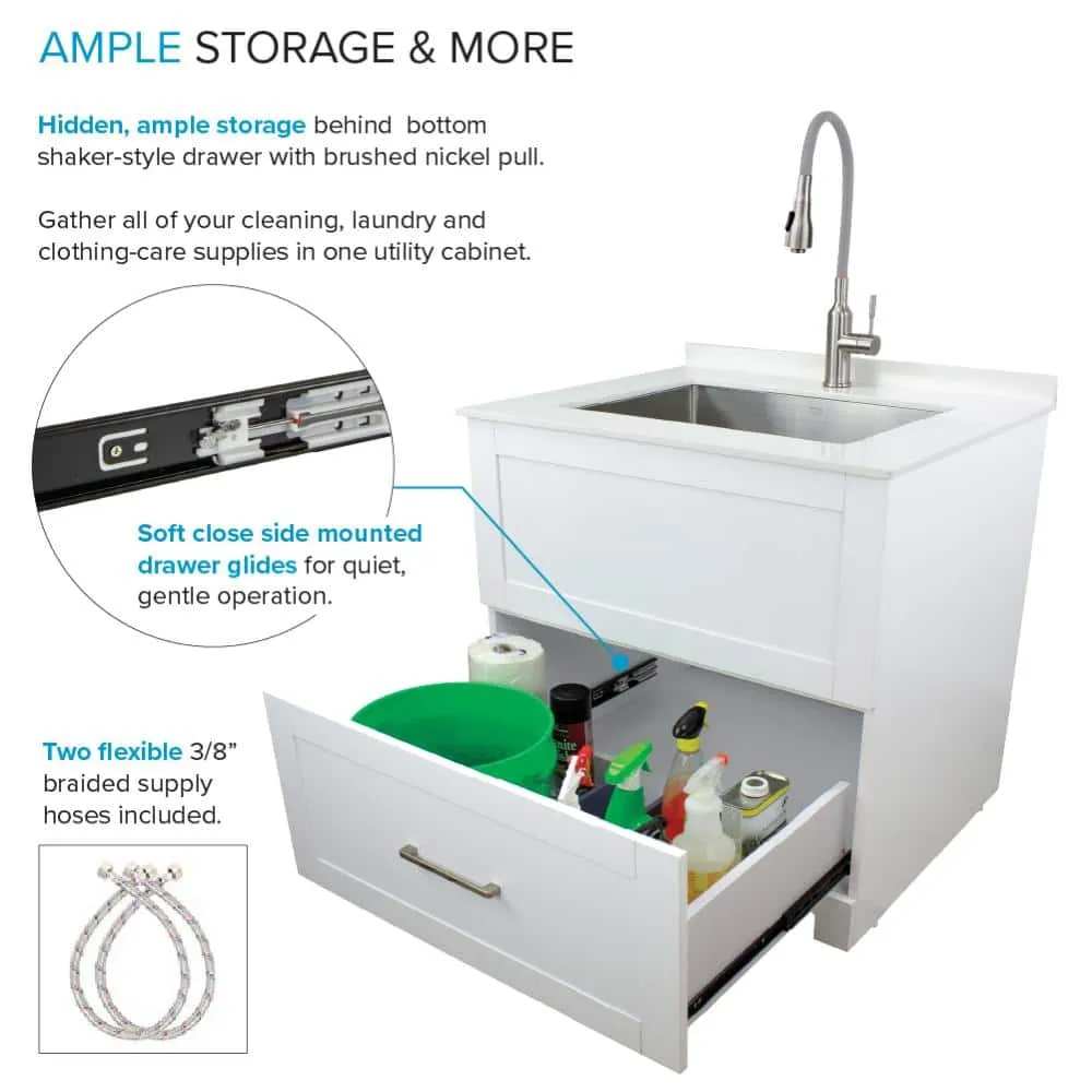 Transolid All-in-One 29 in. W x 25.5 in. D Stainless Steel Undermount Laundry/Utility Sink and White Cabinet with Quartz Top and Faucet, photo 17 of 20