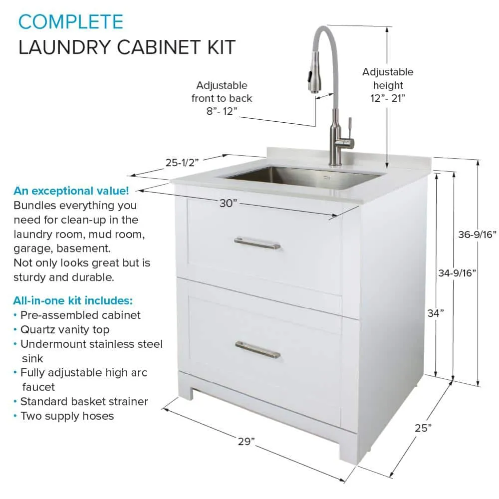 Transolid All-in-One 29" x 25.5" Stainless Steel Quartz Undermount Laundry Sink Cabinet with Faucet, photo 3 of 10