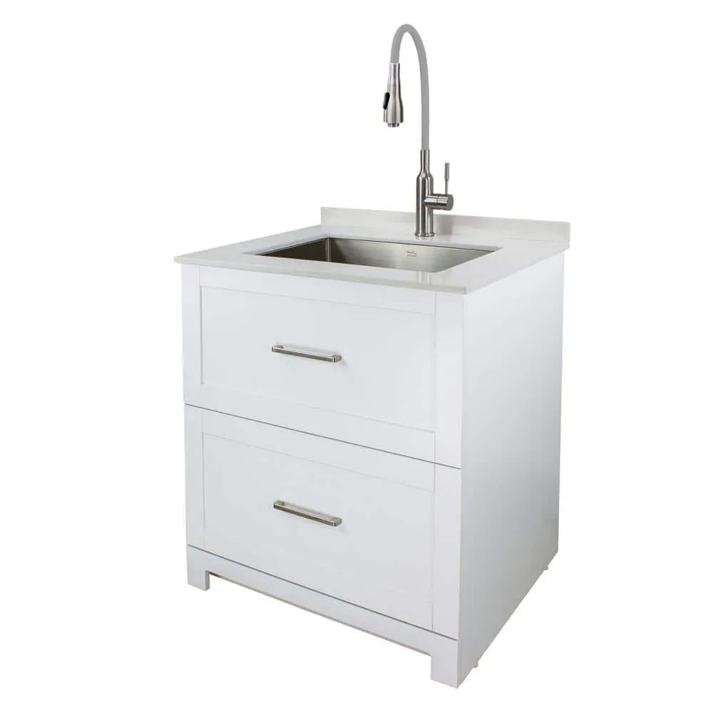 Transolid All-in-One 29 in. W x 25.5 in. D Stainless Steel Undermount Laundry/Utility Sink and White Cabinet with Quartz Top and Faucet, photo 13 of 20