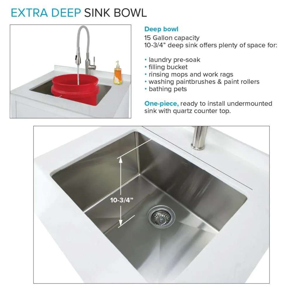 Transolid All-in-One 29 in. W x 25.5 in. D Stainless Steel Undermount Laundry/Utility Sink and White Cabinet with Quartz Top and Faucet, photo 20 of 20