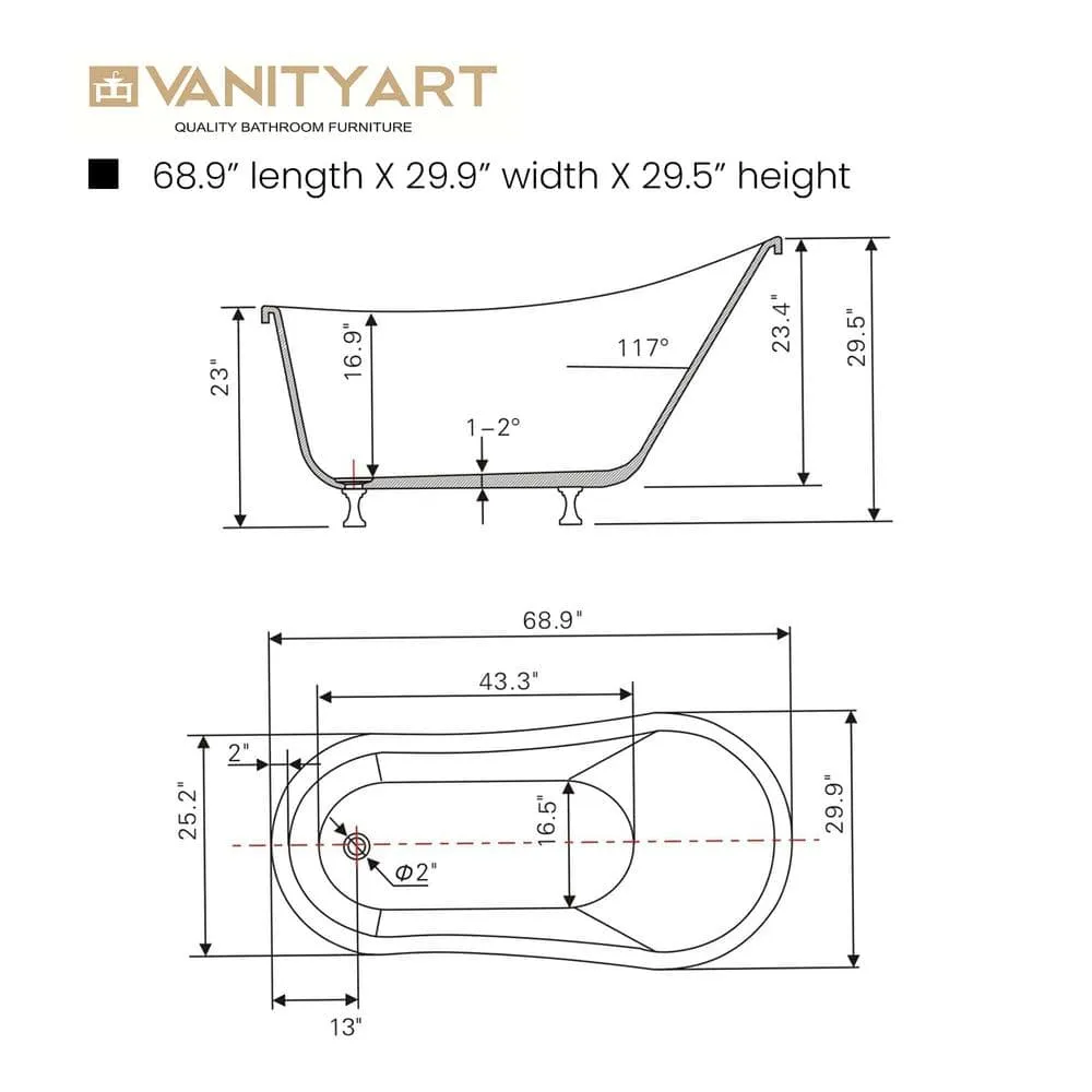 Vanity Art Pantin 69 in. Acrylic Clawfoot Freestanding Bathtub in White, photo 6 of 6