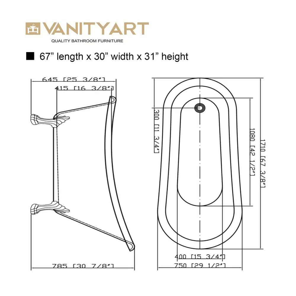 Vanity Art Toulouse 67 in. Acrylic Clawfoot Freestanding Bathtub in White, photo 3 of 5