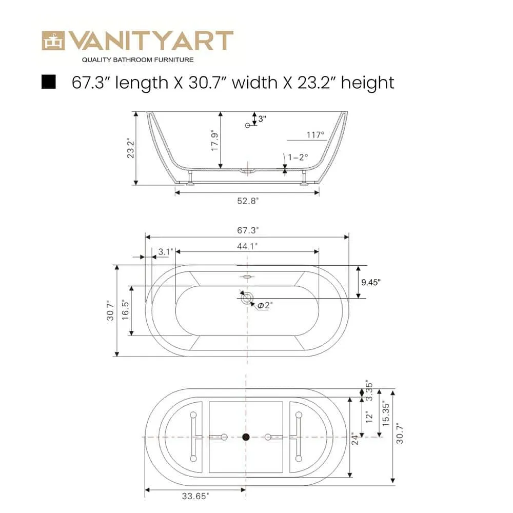 Vanity Art Cergy 67.7 in. Acrylic Flatbottom Freestanding Bathtub in White, photo 11 of 11
