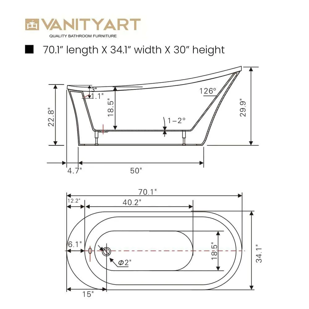 Vanity Art Nimes 70 in. Acrylic Flatbottom Left Bathtub in White, photo 7 of 9