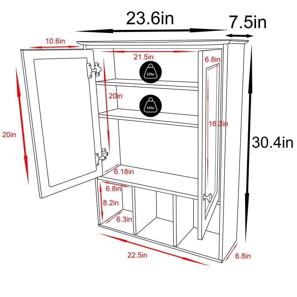 VEIKOUS 23.6 in. W x 30.4 in. H Rectangular Surface-Mount Bathroom Medicine Cabinet with Mirrors and Shelves in White, photo 3 of 11