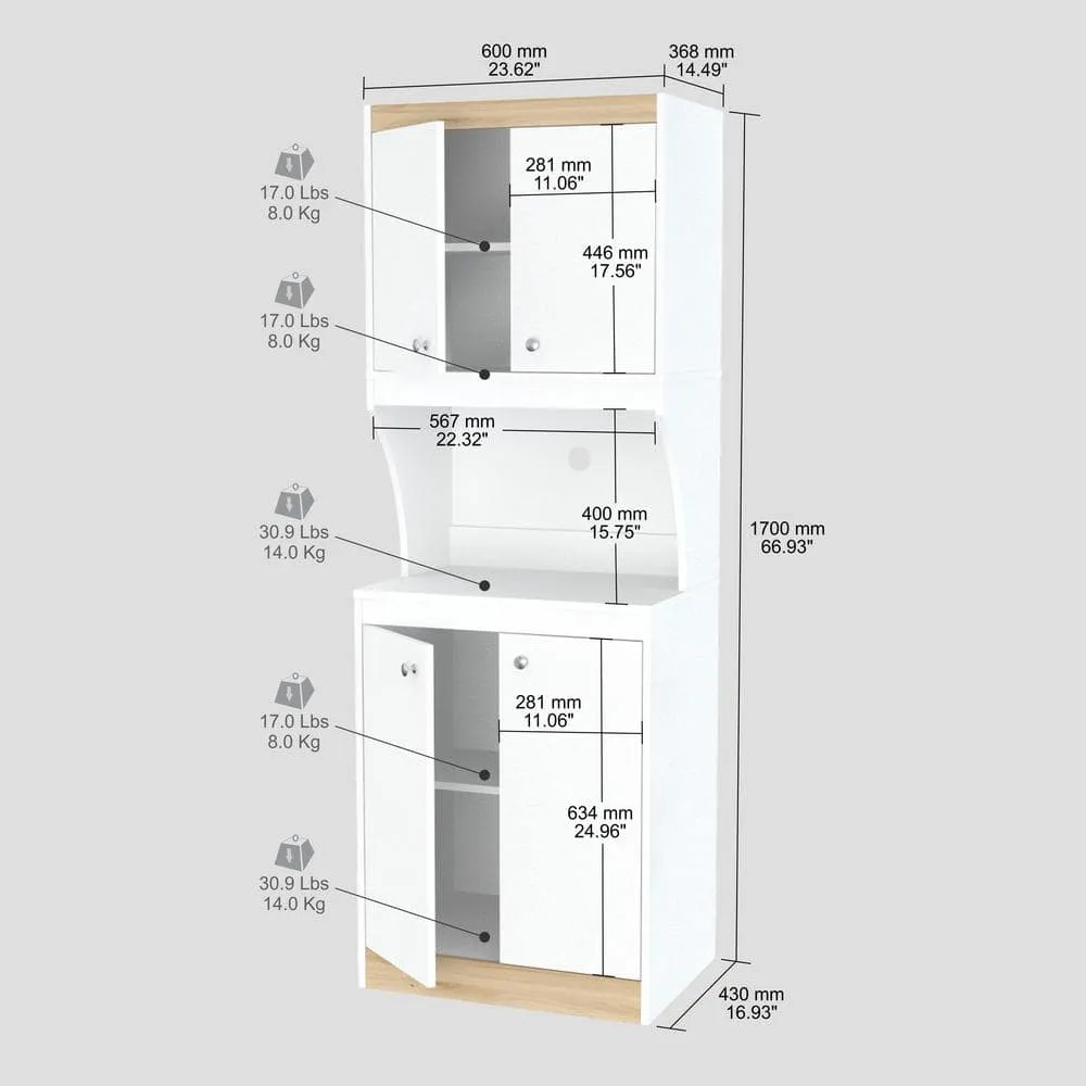 inval america LLC Galley Ready to Assemble 23.6 in. W x 16.9 in. D x 67 in. H Microwave Storage Utility Cabinet in White and Vienes Oak, photo 6 of 7