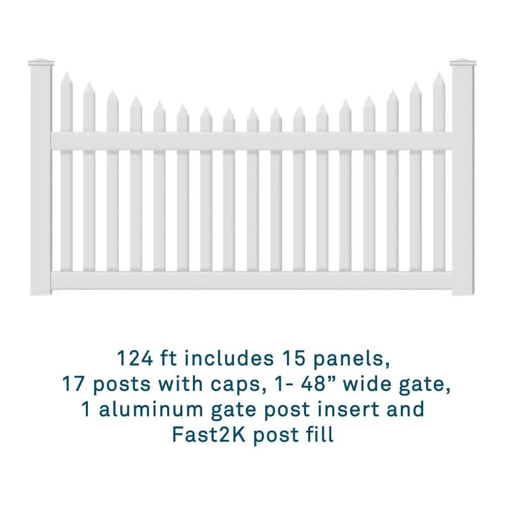 Weatherables 4 ft. H x 124 ft. L Picket Dog Ear Scalloped Hampshire White Vinyl Complete Top Fence Project Pack, photo 2 of 6