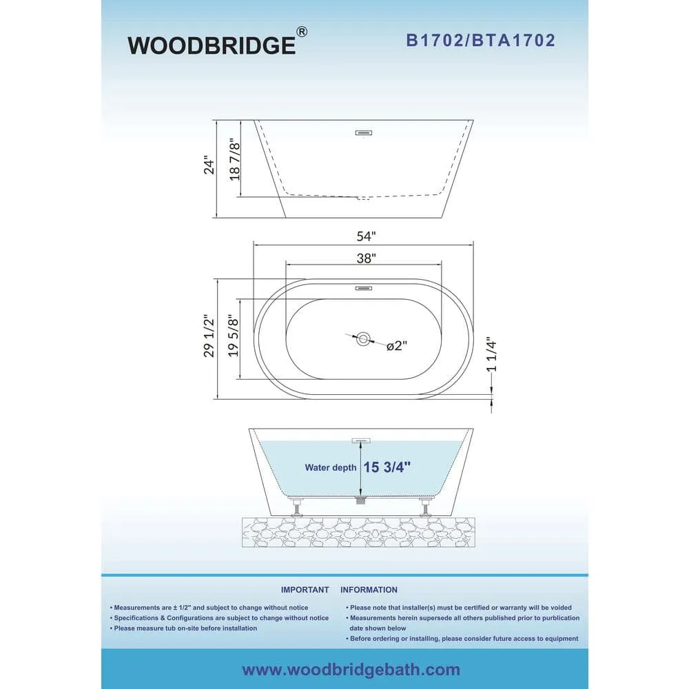 WOODBRIDGE Marseille 54 in. Acrylic FlatBottom Double-Ended Freestanding Bathtub with Brushed Gold Overflow & Drain, White, photo 3 of 8
