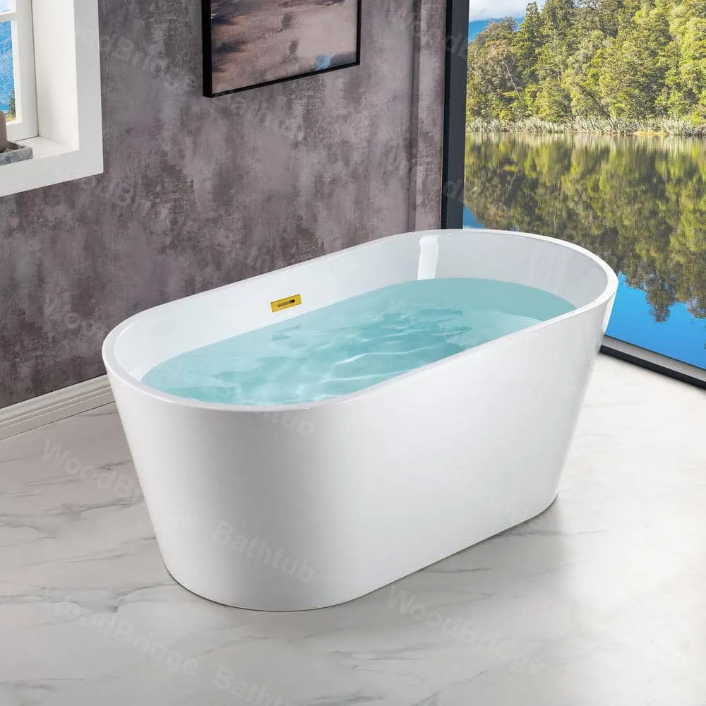WOODBRIDGE Marseille 54 in. Acrylic FlatBottom Double-Ended Freestanding Bathtub with Brushed Gold Overflow & Drain, White, photo 6 of 8