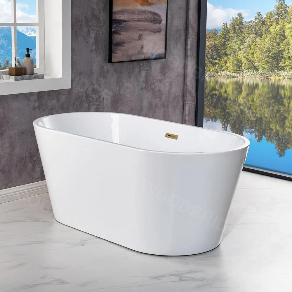 WOODBRIDGE Marseille 54 in. Acrylic FlatBottom Double-Ended Freestanding Bathtub with Brushed Gold Overflow & Drain, White, photo 2 of 8