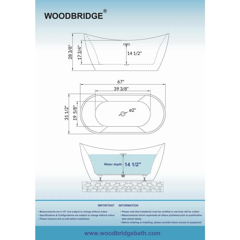 WOODBRIDGE ROYAN 67 in. Acrylic Freestanding Double Slipper Soaking Bathtub, White with Brushed Gold Drain, photo 3 of 8