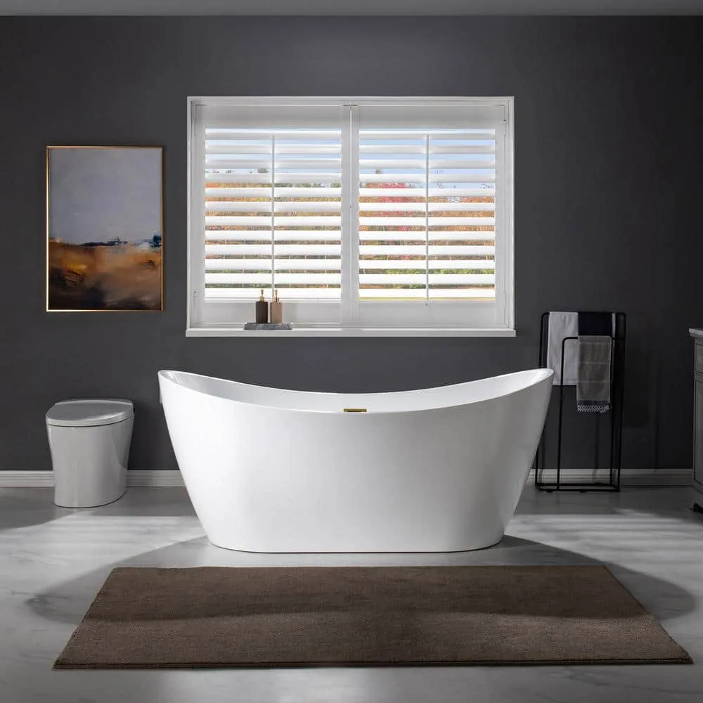 WOODBRIDGE ROYAN 67 in. Acrylic Freestanding Double Slipper Soaking Bathtub, White with Brushed Gold Drain, photo 5 of 8