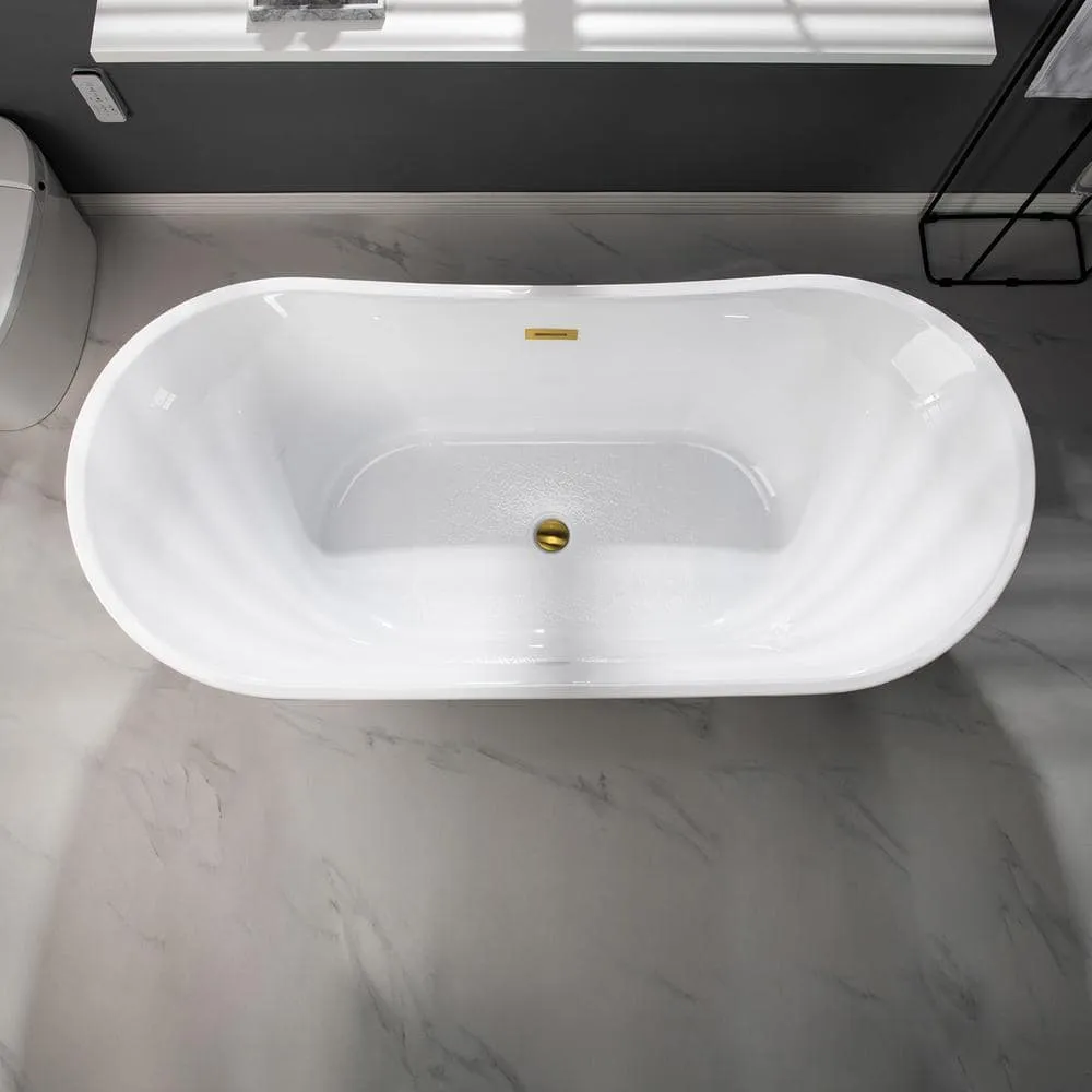WOODBRIDGE ROYAN 67 in. Acrylic Freestanding Double Slipper Soaking Bathtub, White with Brushed Gold Drain, photo 6 of 8