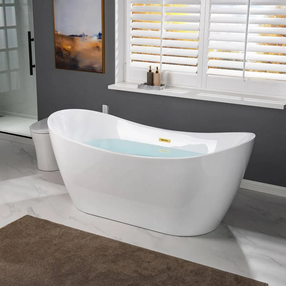 WOODBRIDGE ROYAN 67 in. Acrylic Freestanding Double Slipper Soaking Bathtub, White with Brushed Gold Drain, photo 4 of 8