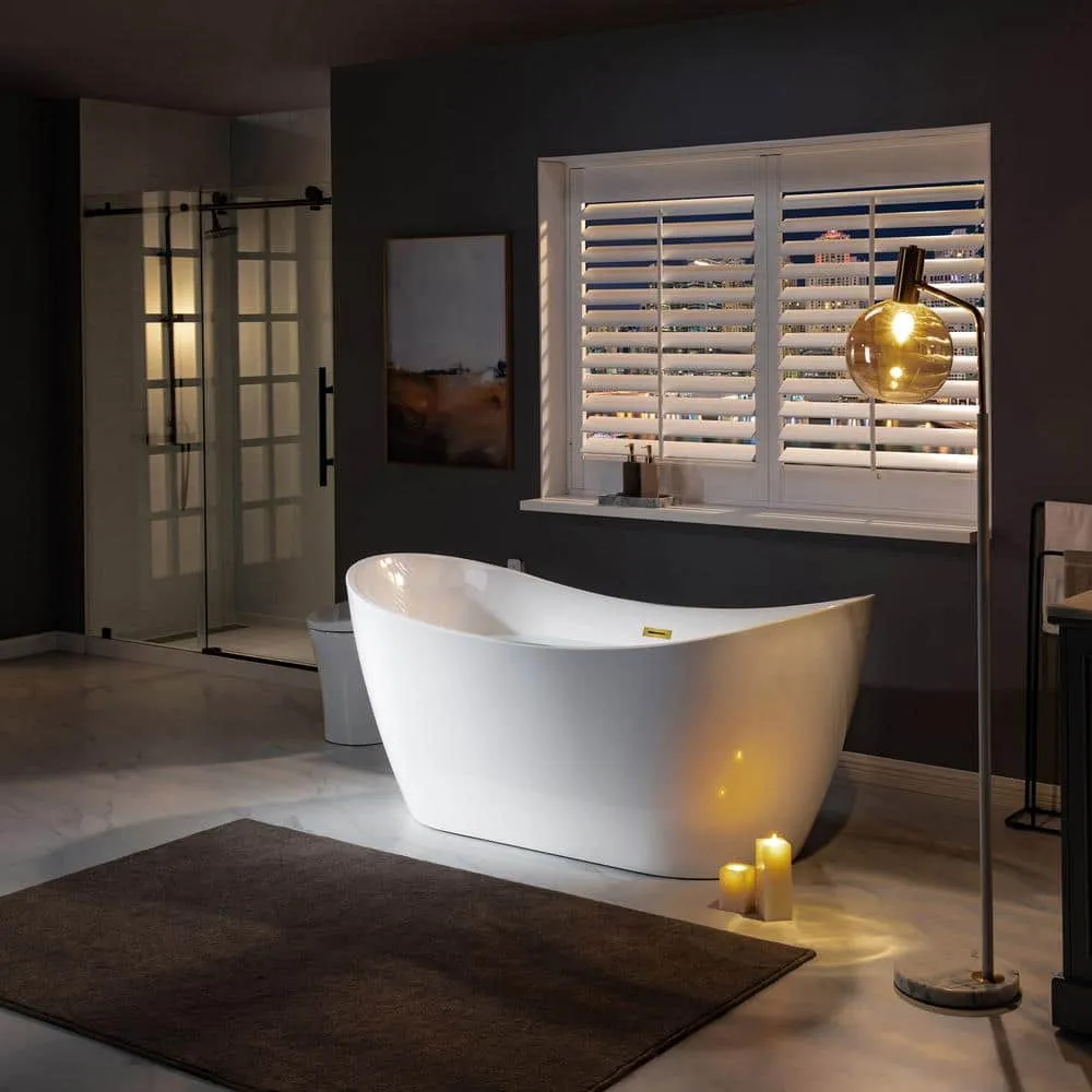 WOODBRIDGE ROYAN 67 in. Acrylic Freestanding Double Slipper Soaking Bathtub, White with Brushed Gold Drain, photo 2 of 8