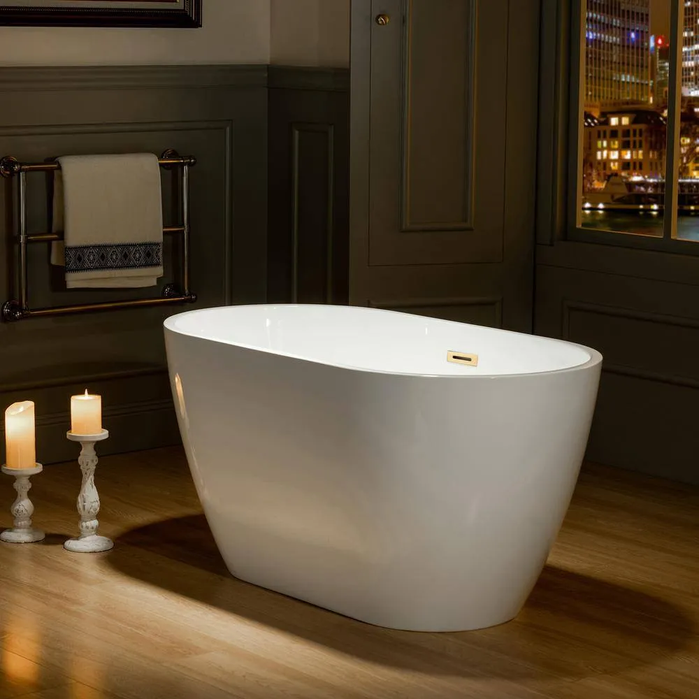 WOODBRIDGE 48 in. Acrylic Flatbottom Freestanding Bathtub in White with Brushed Gold Drain and Overflow, photo 3 of 8