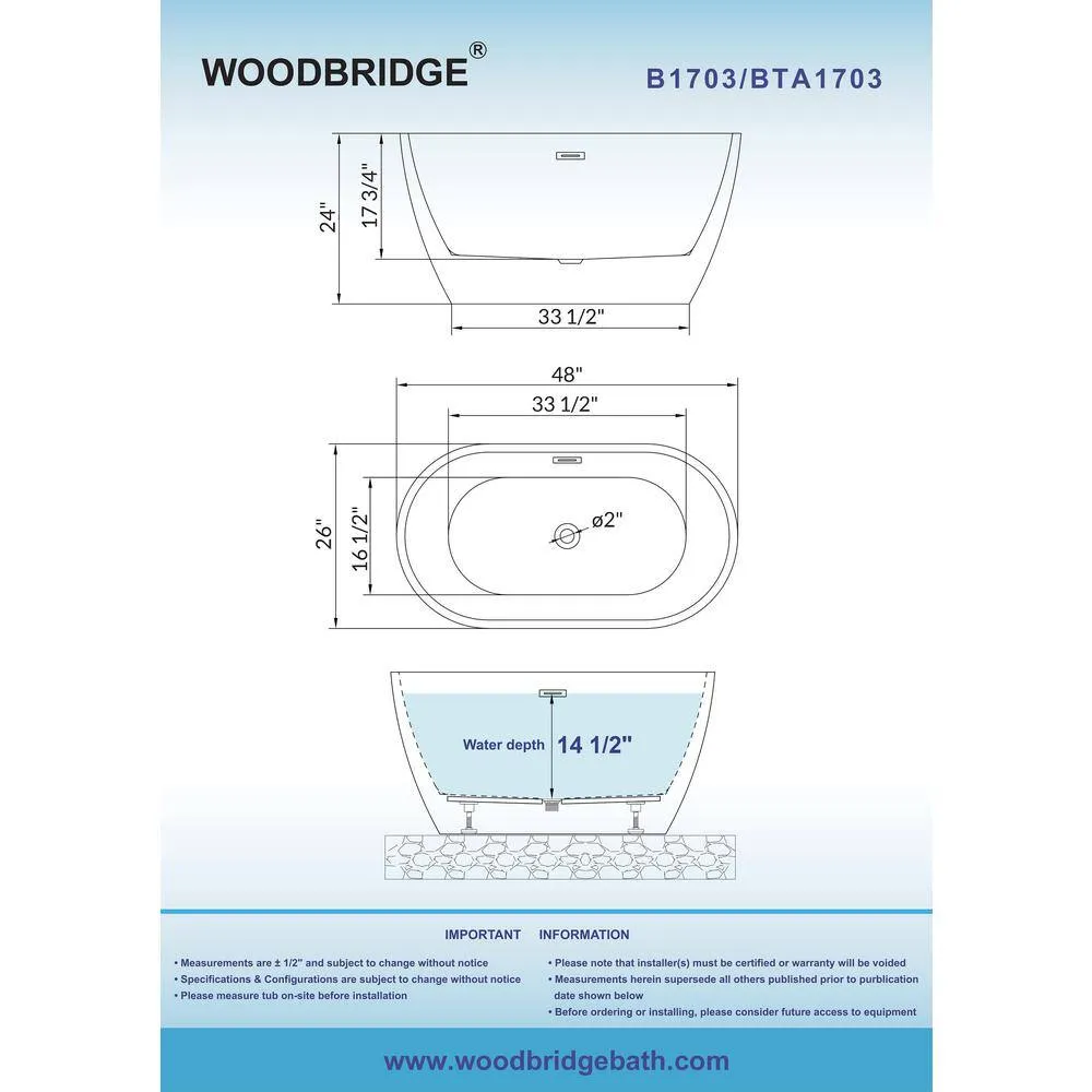 WOODBRIDGE 48 in. Acrylic Flatbottom Freestanding Bathtub in White with Brushed Gold Drain and Overflow, photo 5 of 8