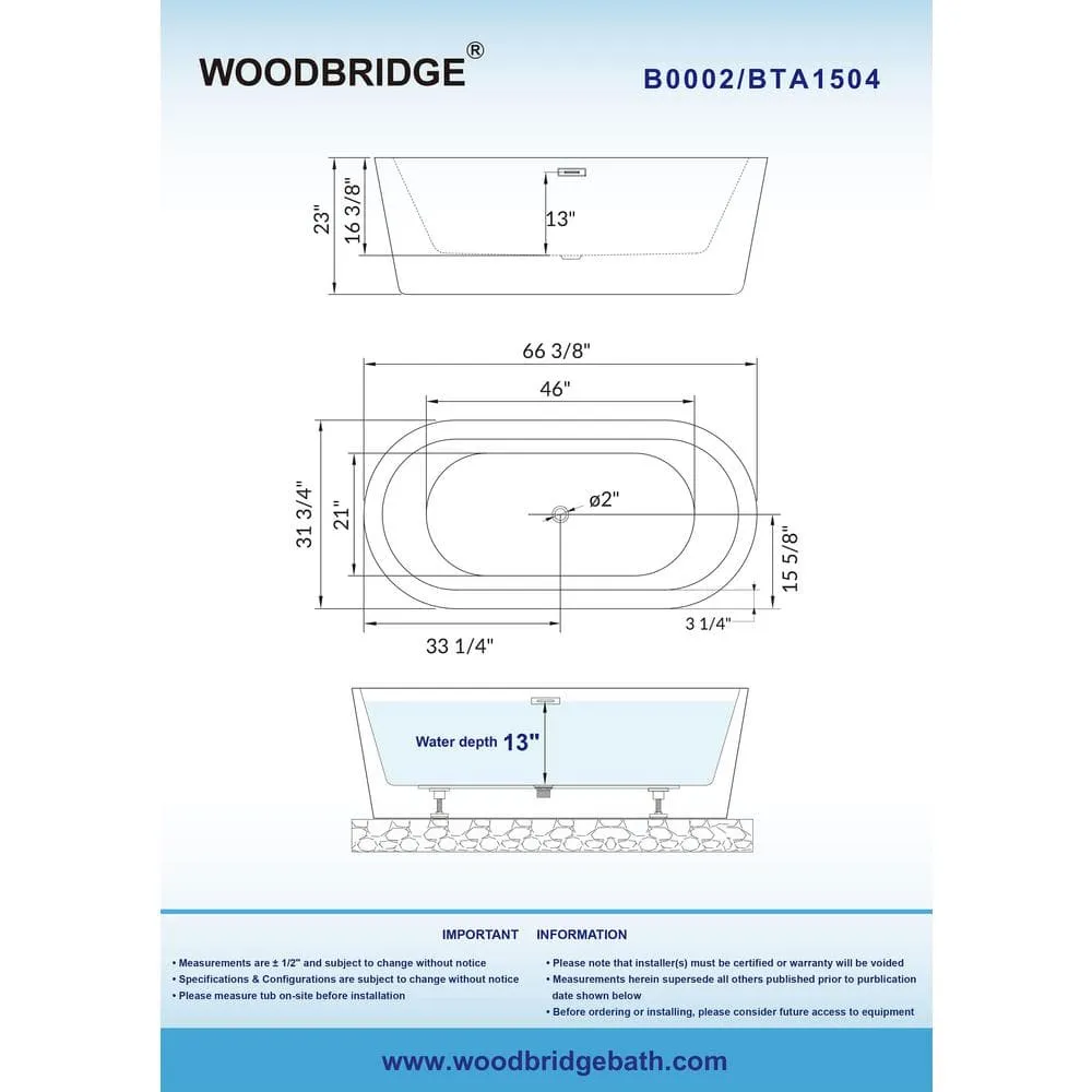 WOODBRIDGE Vienna 66 in. Acrylic Freestanding Double-Ended Soaking Bathtub with Drain and Overflow Included in White, photo 20 of 22