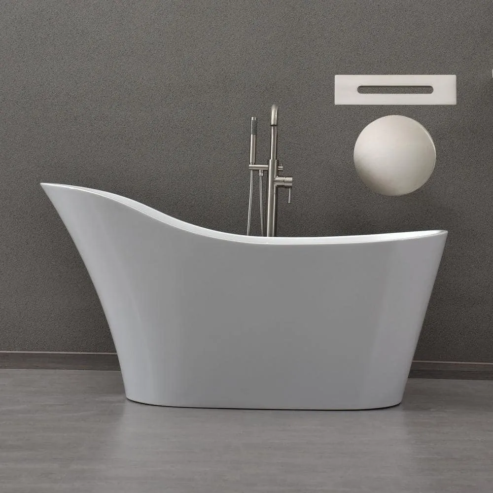 WOODBRIDGE Bradbury 59 in. Acrylic Freestanding Single Slipper Soaking Bathtub with Drain & Overflow Included, White, photo 9 of 16