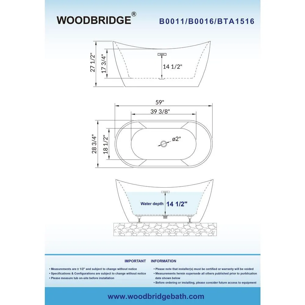 WOODBRIDGE Ladlow 59 in. Acrylic Freestanding Double Slipper Flat Bottom Soaking Bathtub with Drain and Overflow Included in White, photo 12 of 17