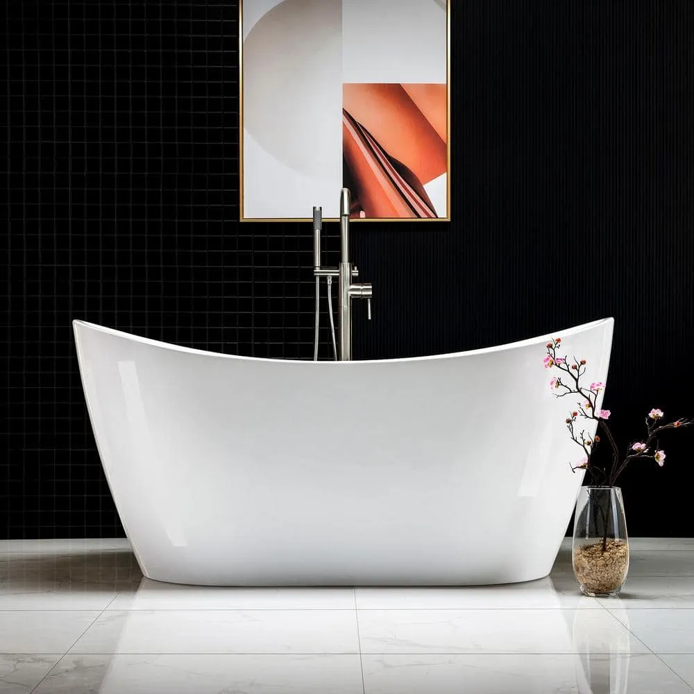 WOODBRIDGE Ladlow 59 in. Acrylic Freestanding Double Slipper Flat Bottom Soaking Bathtub with Drain and Overflow Included in White, photo 10 of 17