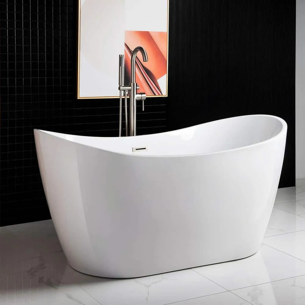 WOODBRIDGE Ladlow 59 in. Acrylic Freestanding Double Slipper Flat Bottom Soaking Bathtub with Drain and Overflow Included in White, photo 13 of 17