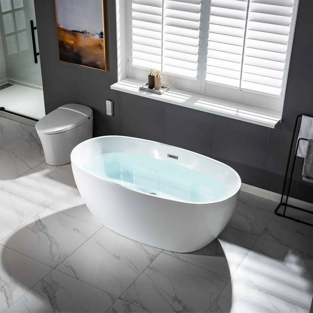 WOODBRIDGE Arras 59 in. Acrylic FlatBottom Double-Ended Freestanding Bathtub with Brushed Nickel Overflow and Drain, White, photo 5 of 8