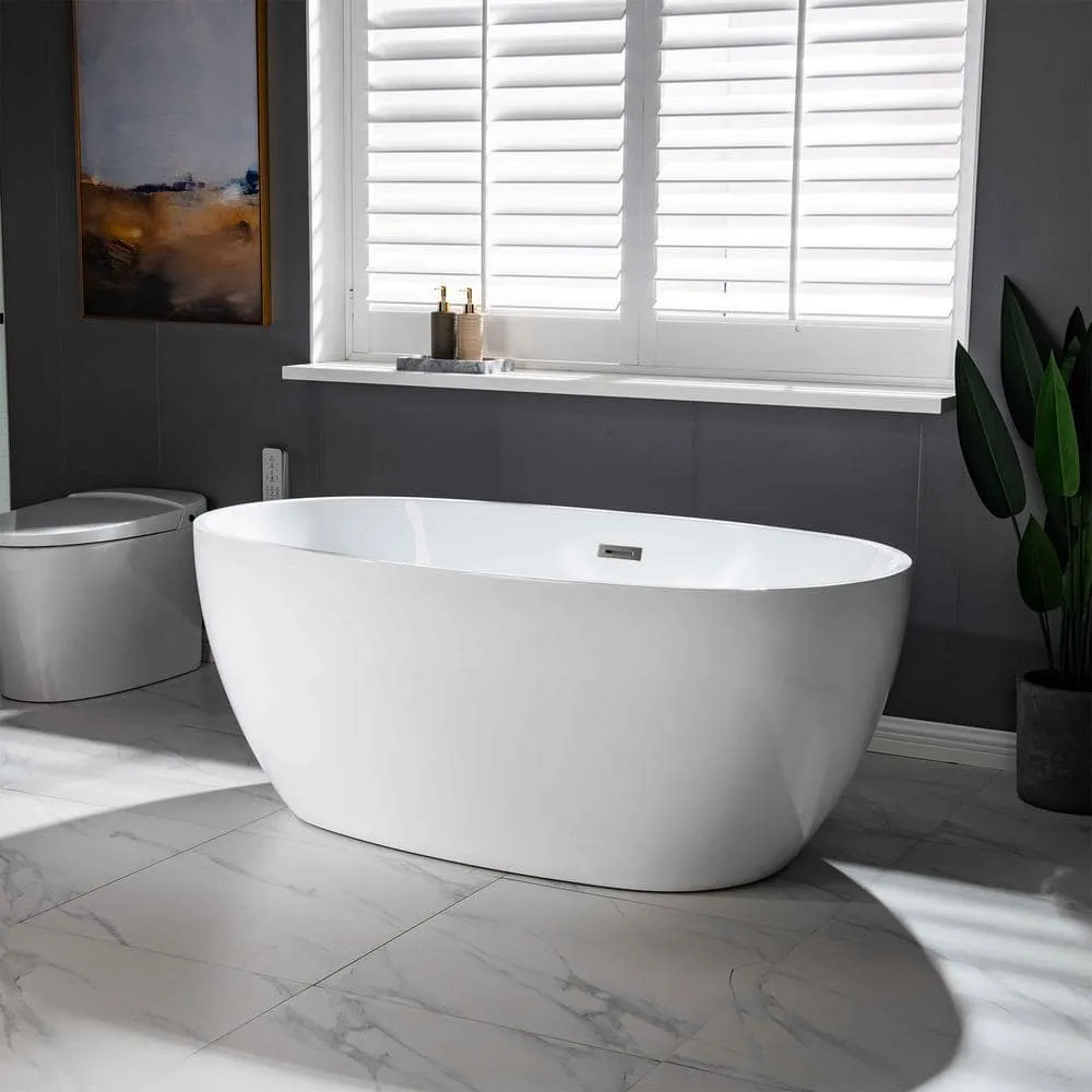 WOODBRIDGE Arras 59 in. Acrylic FlatBottom Double-Ended Freestanding Bathtub with Brushed Nickel Overflow and Drain, White, photo 3 of 8