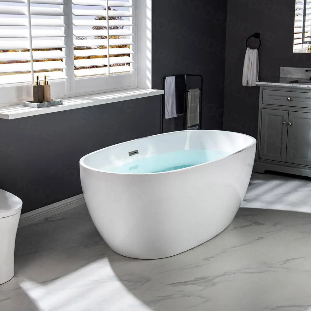 WOODBRIDGE Arras 59 in. Acrylic FlatBottom Double-Ended Freestanding Bathtub with Brushed Nickel Overflow and Drain, White, photo 4 of 8