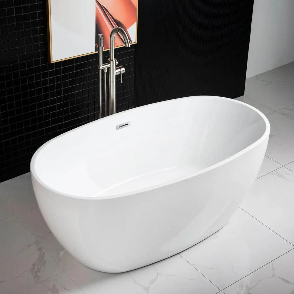 WOODBRIDGE Arras 59 in. Acrylic FlatBottom Double-Ended Freestanding Bathtub with Brushed Nickel Overflow and Drain, White, photo 2 of 8