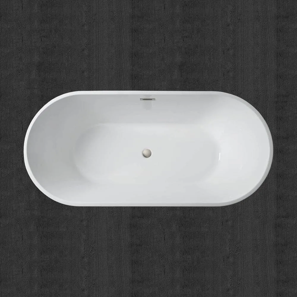 WOODBRIDGE Newark 59 in. Acrylic FlatBottom Double-Ended Freestanding Bathtub with Brushed Nickel Overflow and Drain, White, photo 5 of 8