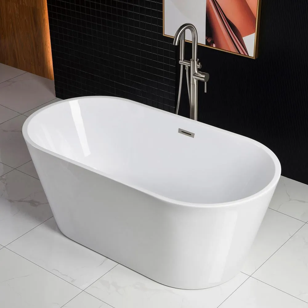 WOODBRIDGE Newark 59 in. Acrylic FlatBottom Double-Ended Freestanding Bathtub with Brushed Nickel Overflow and Drain, White, photo 3 of 8