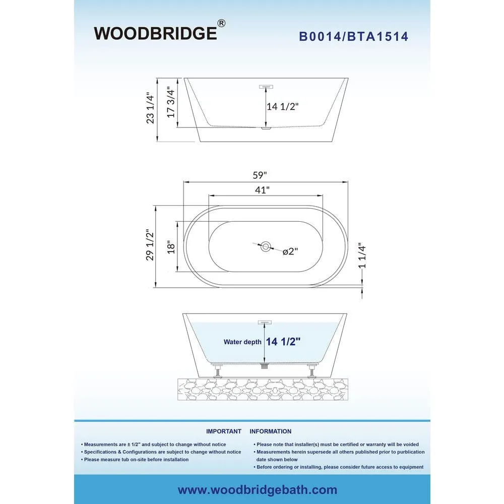 WOODBRIDGE Newark 59 in. Acrylic FlatBottom Double-Ended Freestanding Bathtub with Brushed Nickel Overflow and Drain, White, photo 6 of 8