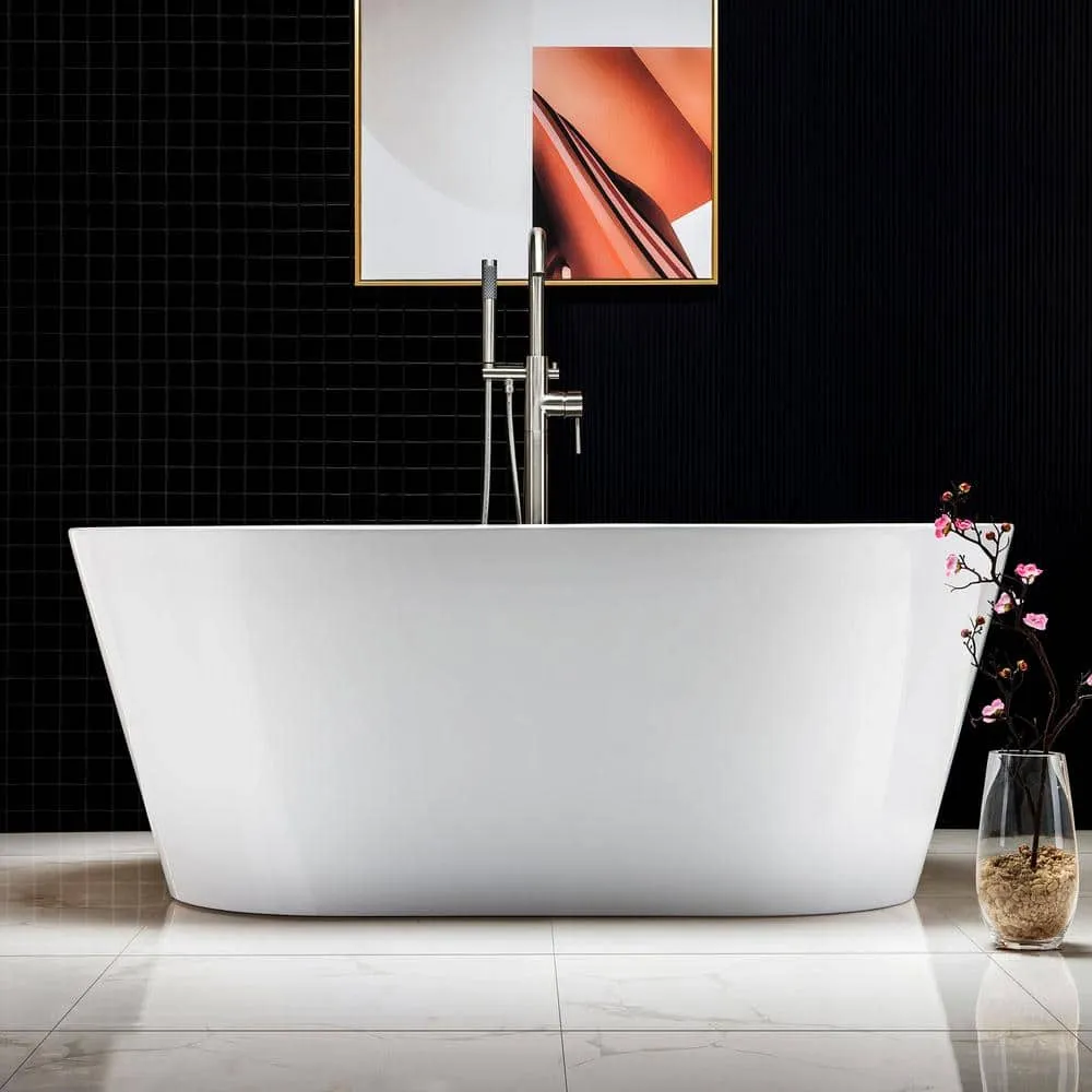 WOODBRIDGE Newark 59 in. Acrylic FlatBottom Double-Ended Freestanding Bathtub with Brushed Nickel Overflow and Drain, White, photo 4 of 8