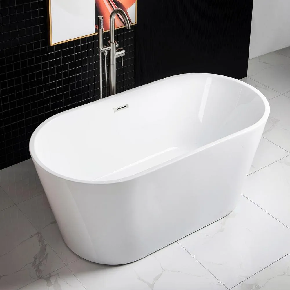WOODBRIDGE Newark 59 in. Acrylic FlatBottom Double-Ended Freestanding Bathtub with Brushed Nickel Overflow and Drain, White, photo 2 of 8
