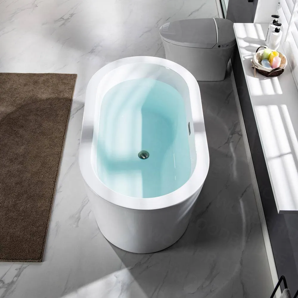 WOODBRIDGE Bloomfield 56 in. Acrylic Freestanding Double-Ended Soaking Bathtub with Drain and Overflow Included, White, photo 8 of 11