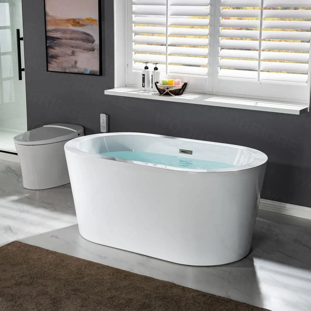 WOODBRIDGE Bloomfield 56 in. Acrylic Freestanding Double-Ended Soaking Bathtub with Drain and Overflow Included, White, photo 4 of 11