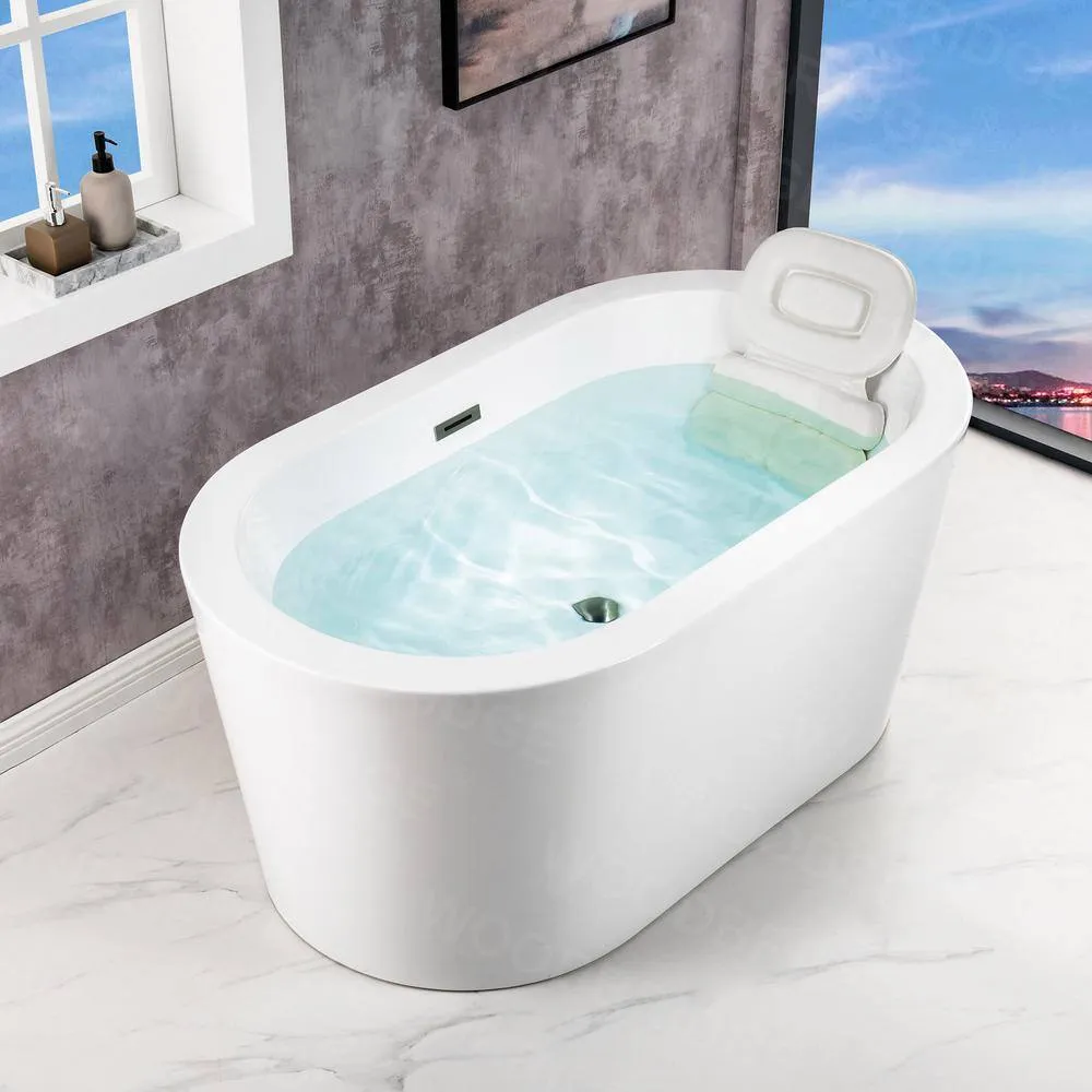 WOODBRIDGE Bloomfield 56 in. Acrylic Freestanding Double-Ended Soaking Bathtub with Drain and Overflow Included, White, photo 10 of 11
