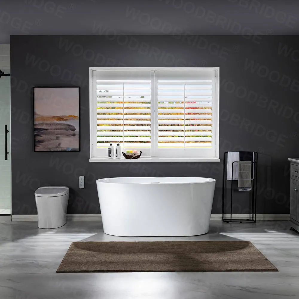 WOODBRIDGE Bloomfield 56 in. Acrylic Freestanding Double-Ended Soaking Bathtub with Drain and Overflow Included, White, photo 5 of 11