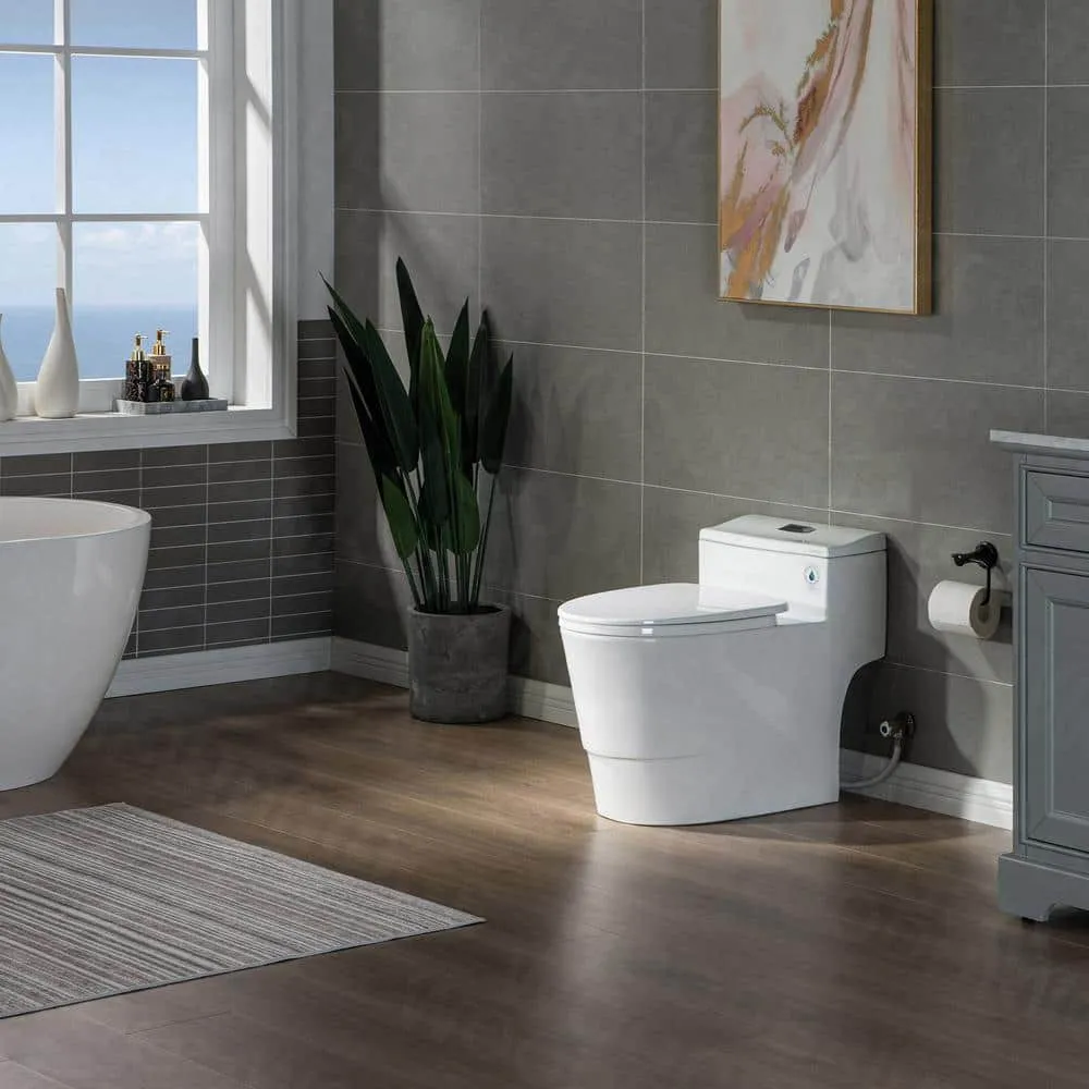 WOODBRIDGE Conserver 1-Piece 1.28 GPF High Efficiency Dual Flush Elongated All-in-One Toilet in White with Seat Included, photo 6 of 9