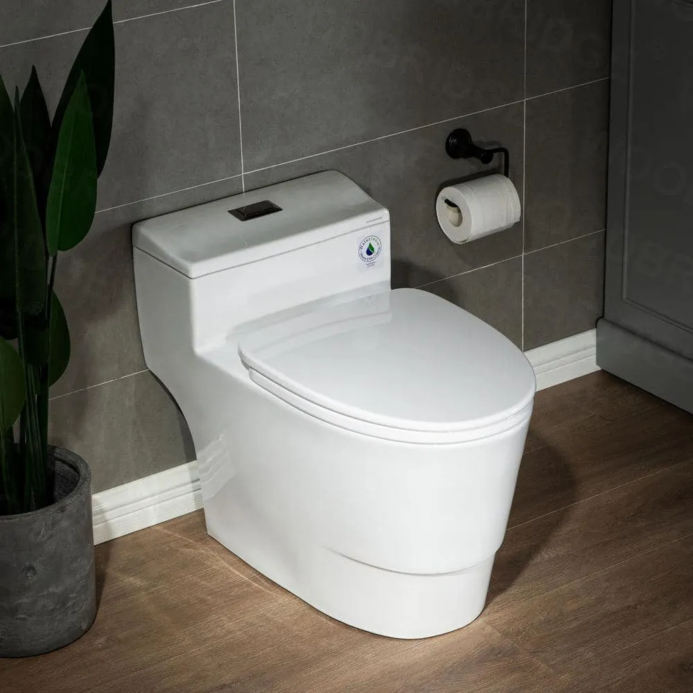 WOODBRIDGE Conserver 1-Piece 1.28 GPF High Efficiency Dual Flush Elongated All-in-One Toilet in White with Seat Included, photo 4 of 9