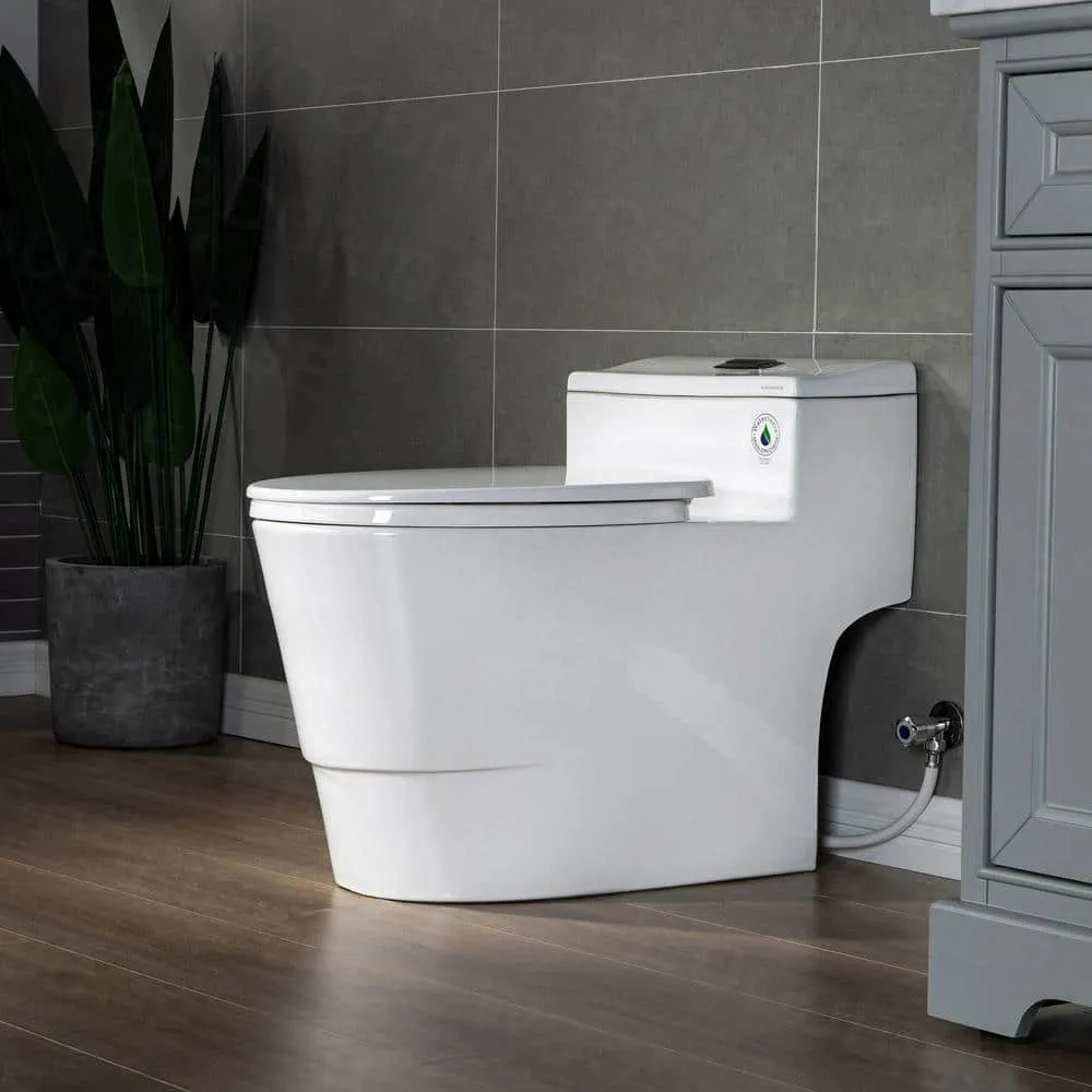 WOODBRIDGE Conserver 1-Piece 1.28 GPF High Efficiency Dual Flush Elongated All-in-One Toilet in White with Seat Included, photo 5 of 9