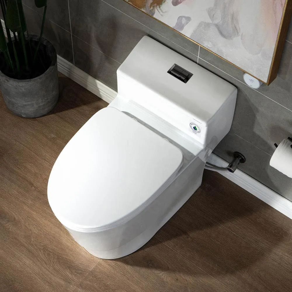 WOODBRIDGE Conserver 1-Piece 1.28 GPF High Efficiency Dual Flush Elongated All-in-One Toilet in White with Seat Included, photo 9 of 9