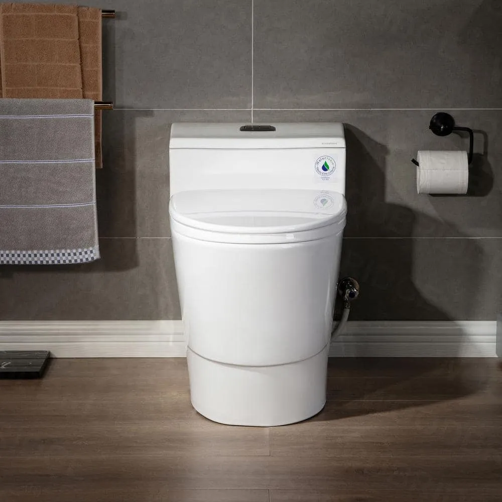 WOODBRIDGE Conserver 1-Piece 1.28 GPF High Efficiency Dual Flush Elongated All-in-One Toilet in White with Seat Included, photo 3 of 9