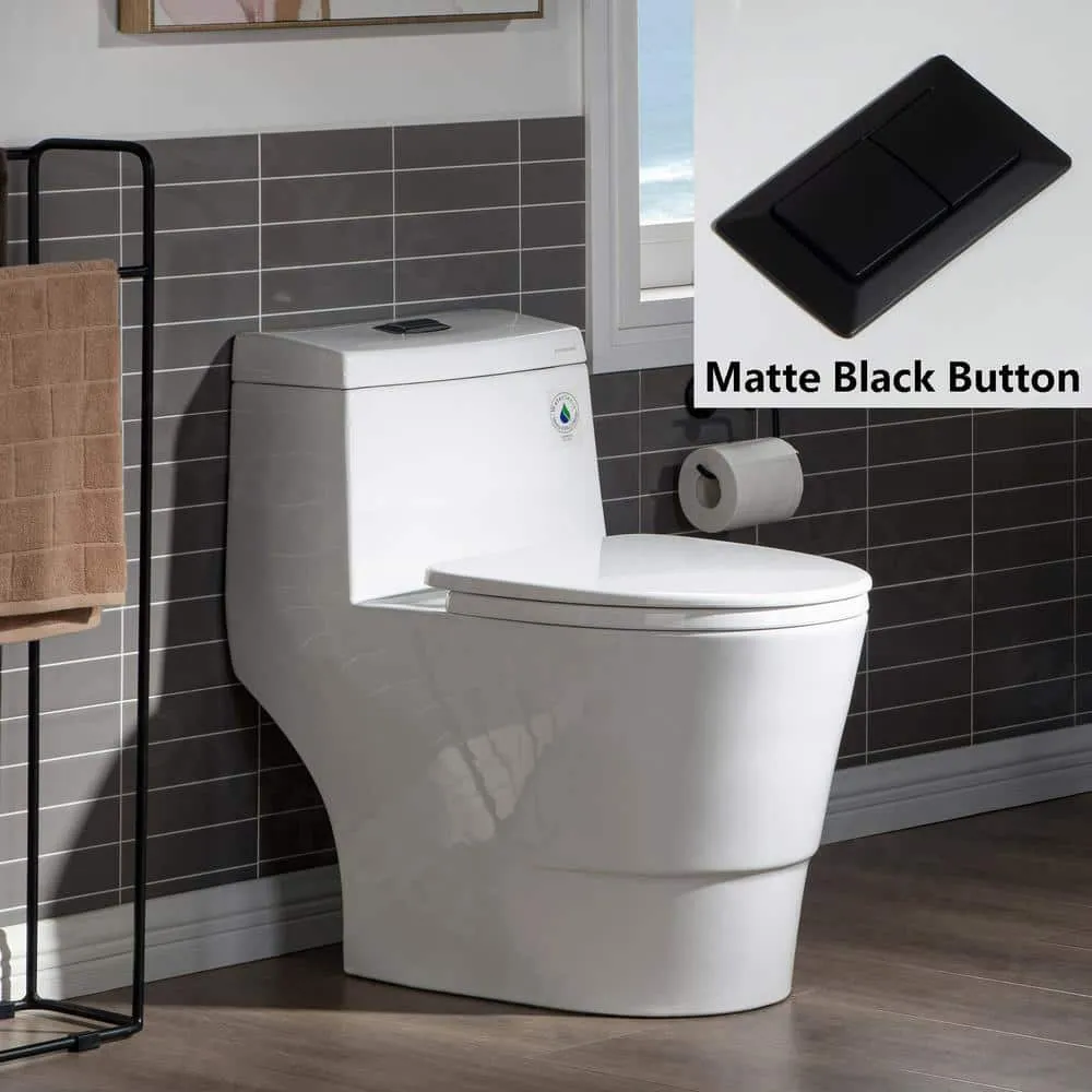 WOODBRIDGE Everette 1‑Piece Dual Flush Elongated Toilet, 1.28 GPF, White with Matte Black Button, MaP 1000 g, Seat Included, photo 2 of 9