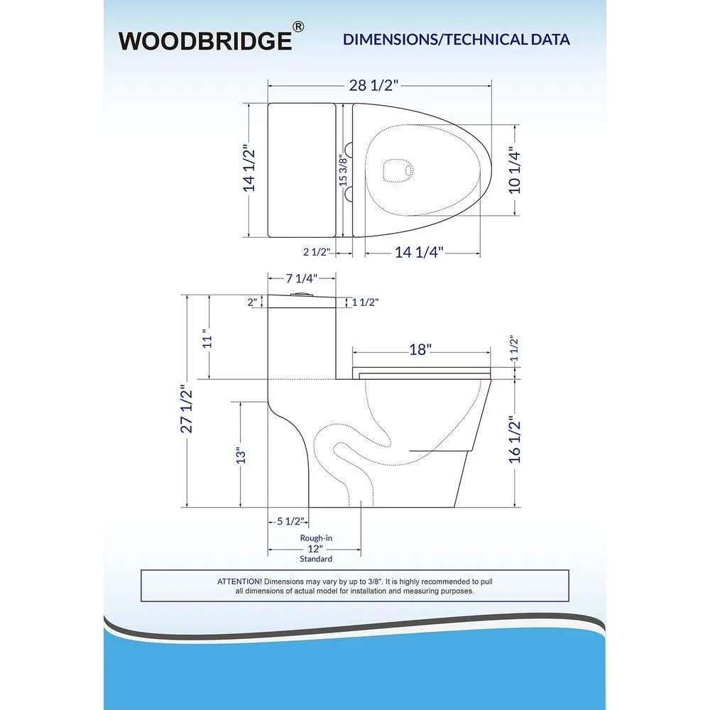 WOODBRIDGE Everette 1‑Piece Dual Flush Elongated Toilet, 1.28 GPF, White with Matte Black Button, MaP 1000 g, Seat Included, photo 7 of 9
