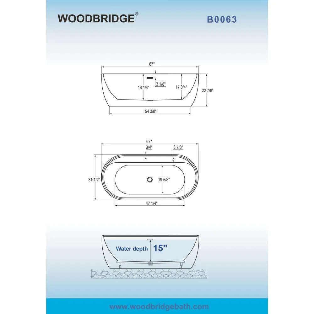 WOODBRIDGE Alacant 67 in. x 31.5 in. Acrylic Flat Bottom Soaking Bathtub with Center Drain and Overflow, White with Matte Black, photo 6 of 8