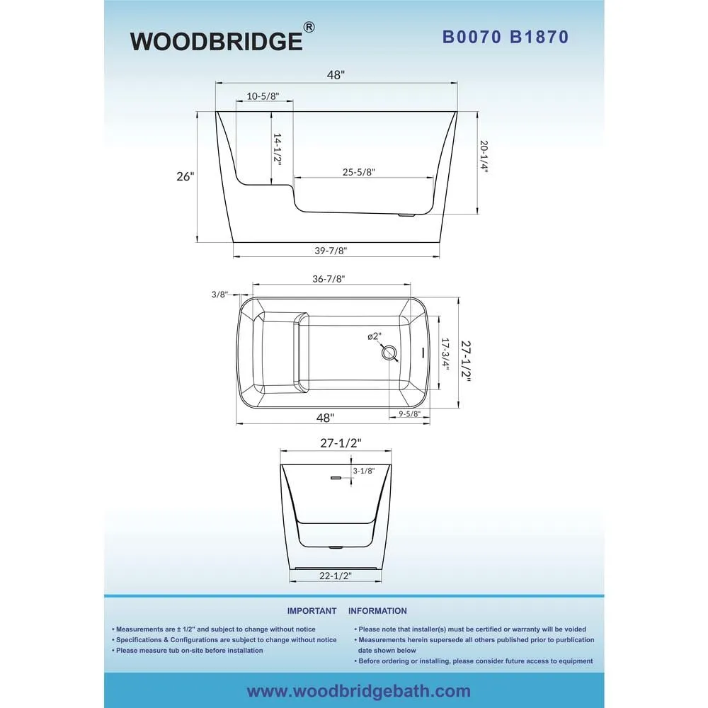 WOODBRIDGE Lakewood 48 in. x 27.5 in. Acrylic Flat Bottom Soaking Bathtub with Reversible Drain in White with Matte Black, photo 6 of 8