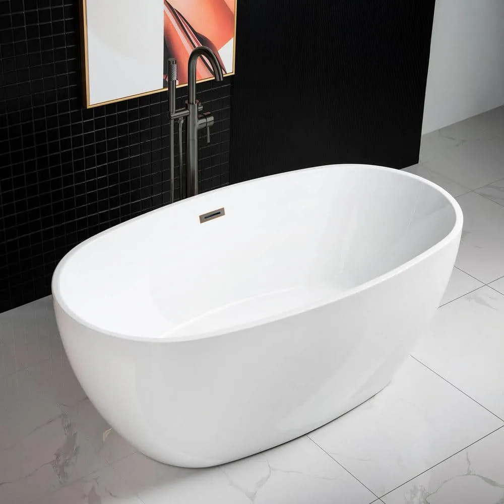 WOODBRIDGE Olivet 59 in. Acrylic FlatBottom Double Ended Freestanding Bathtub, White with Oil Rubbed Bronze Overflow & Drain, photo 2 of 8