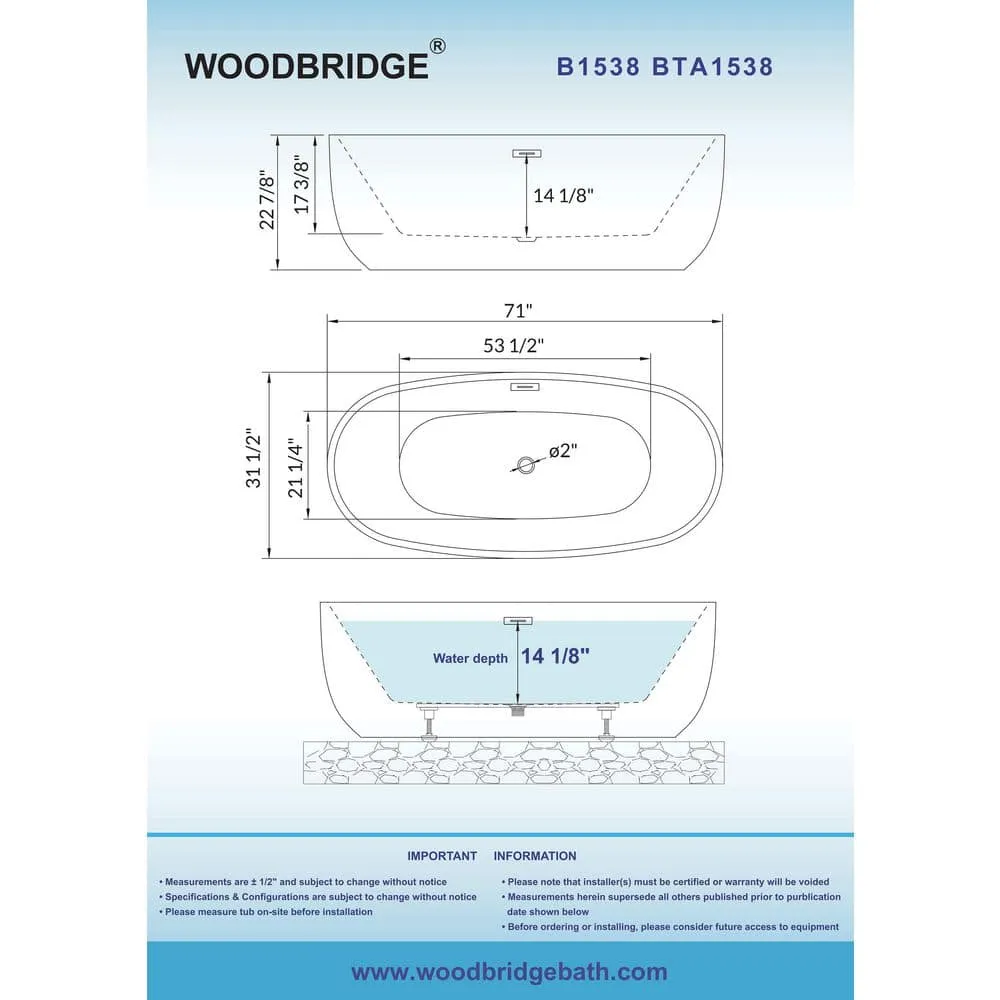 WOODBRIDGE 71 in. Acrylic FlatBottom Double-Ended Freestanding Bathtub, Oil-Rubbed Bronze Overflow & Drain, White, photo 5 of 8